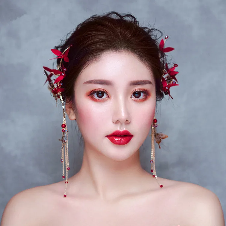 1pair super-immortal red flower butterfly ear hangs Bride headdress accessories beads tassels bride hair | Украшения и аксессуары