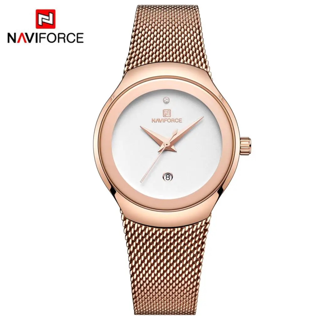 NAVIFORCE женские часы люксовый бренд Сетка модные стальные женские кварцевые часы Relogio Feminino Montre Femme черные часы - Цвет: RoseGoldWhite