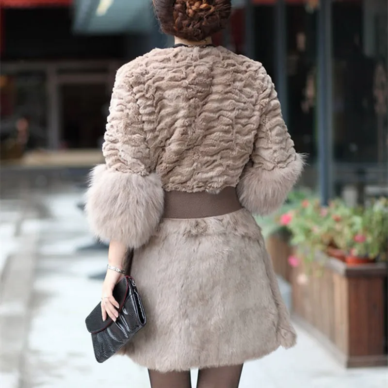 Женская Шуба с кроличьим мехом осенне зимнее меховое пальто рукавом 3/4 из меха