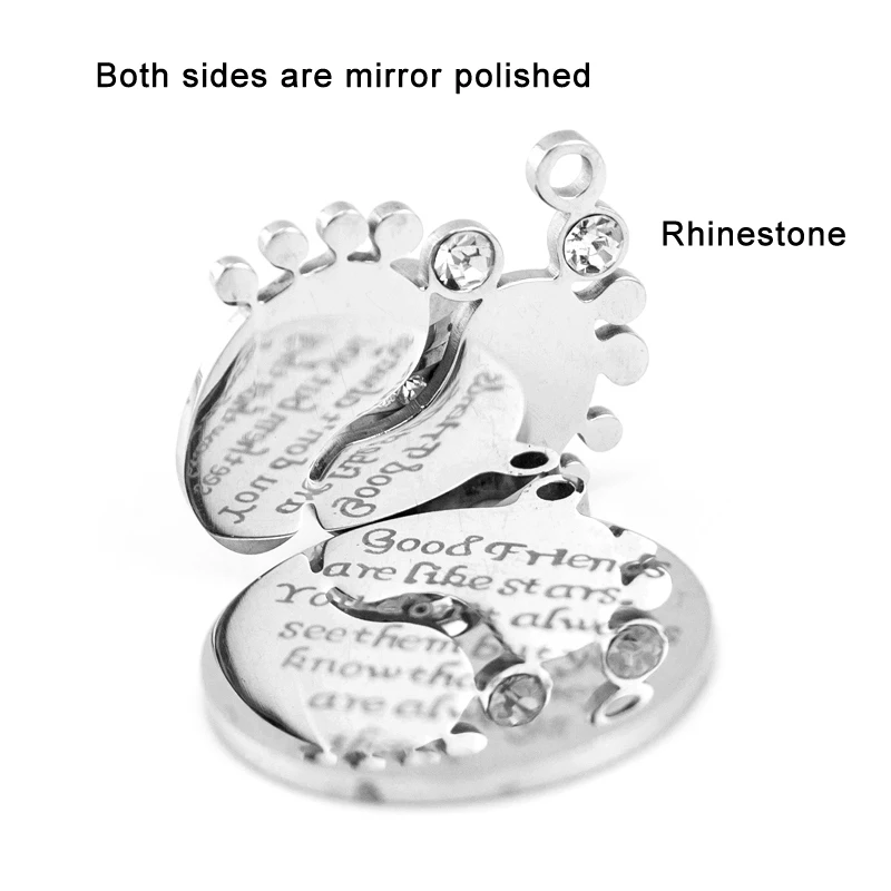 

100% Stainless Steel Baby Foot Pendant With Crystal Metal Baby Feet Blank Tags Charm Pendants Mirror Polished Wholesale 10pcs