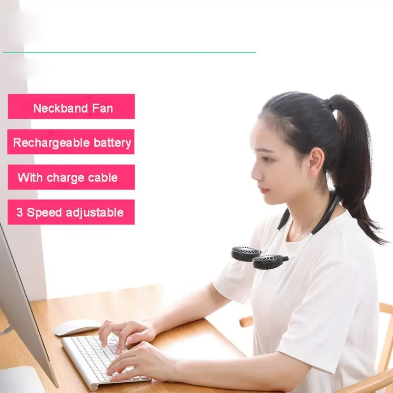 

USB Rechargeable 3 Gears Portable Wearable Fan Hands-free Neck Hanging Mini Sports Fan Air Cooler
