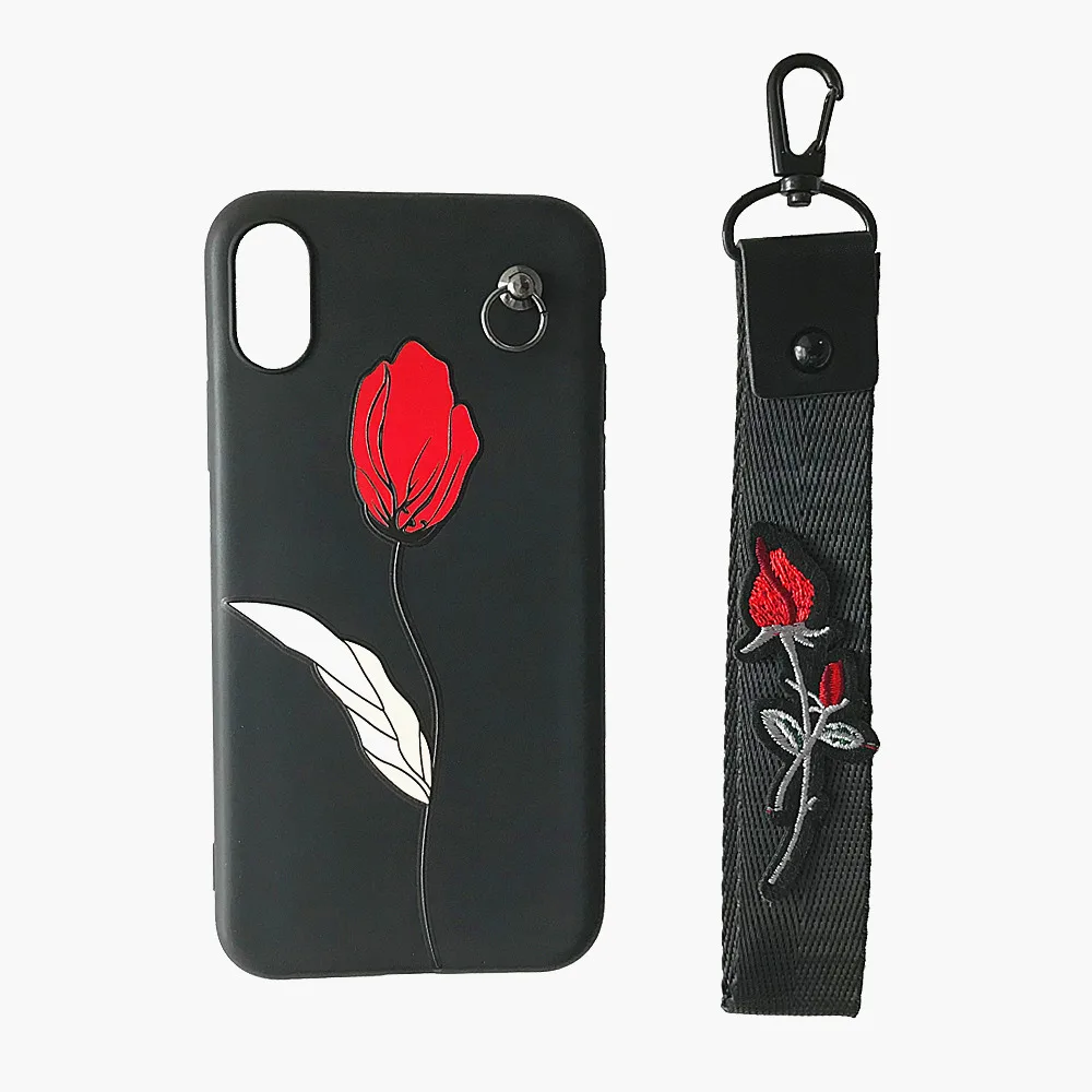 LUDI 3D Floral Red Rose Phone Case for iPhone X/8/7/7plus Soft Black Hipster Embroisery Wrist Strap Cover 6/6s/XS/MAX/XR XS |