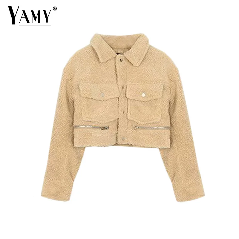 Искусственная куртка из овечьей шерсти Женские Короткие crop пальто с мехом