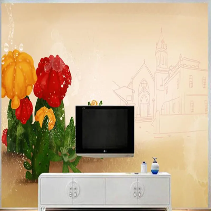 

Custom Mural 3D Cute Cactus Wallpaper for Walls 3D Desert Aesthetic Wall Covering Living Room Home Decor Hand Painted Building