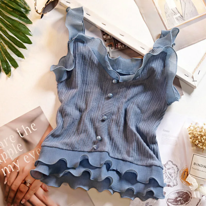 Сексуальный кружевной плиссированный тонкий Chffon оборки вязаный Топ слинг жилет