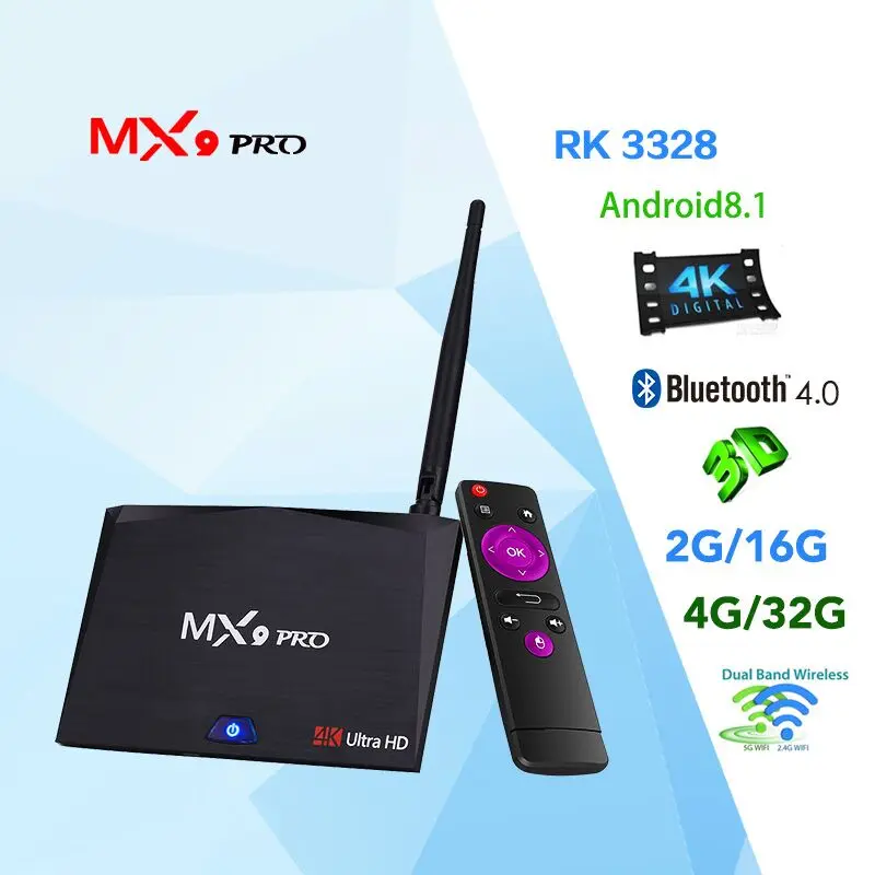 MX9 Pro 4 Гб 32 Android 8 1 ТВ коробка RK3328 ядра к VP9 3D 2 г 5 Wi Fi BT4.1 Smart Декодер каналов
