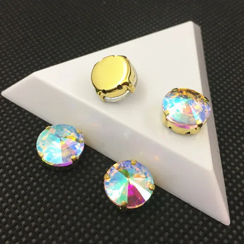 crystal AB Круглый Rivoli пришить стразы с золотой коготь настройки 6 8 10 12 14 16 мм Стеклярус для шитья камни для Одежда - Цвет: crystal AB