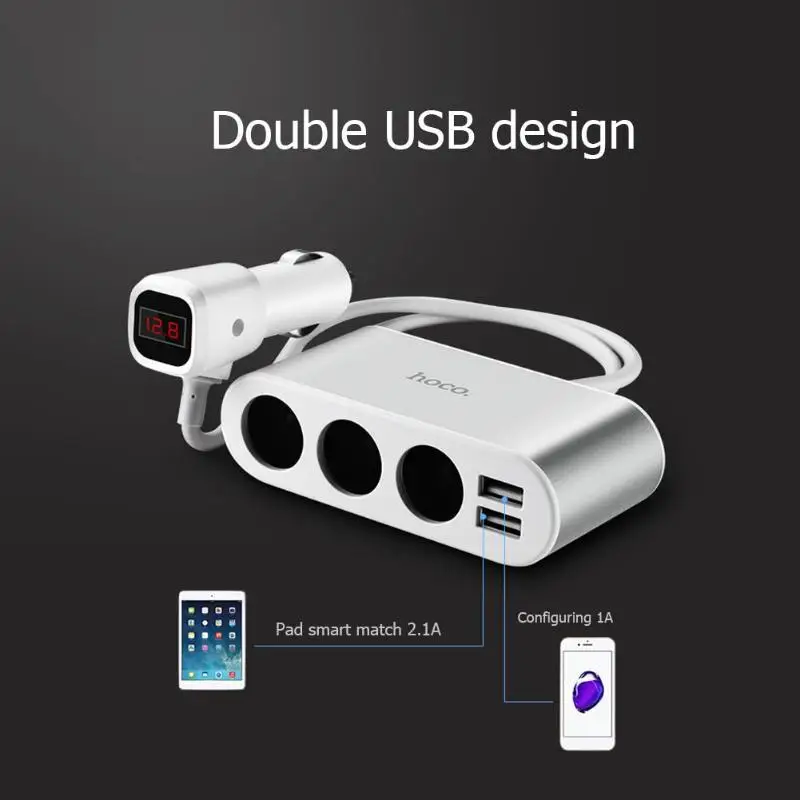HOCO Z13 Dual USB 2.1A автомобильное зарядное устройство для телефона, 3 розетки, прикуриватель, светодиодный, цифровой дисплей, адаптер для быстрой зарядки, разветвитель
