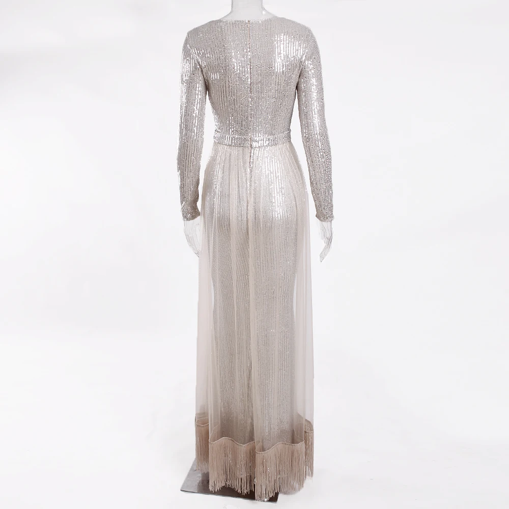 Длинное Сетчатое платье-макси в полоску с V-образным вырезом и блестками | Женская