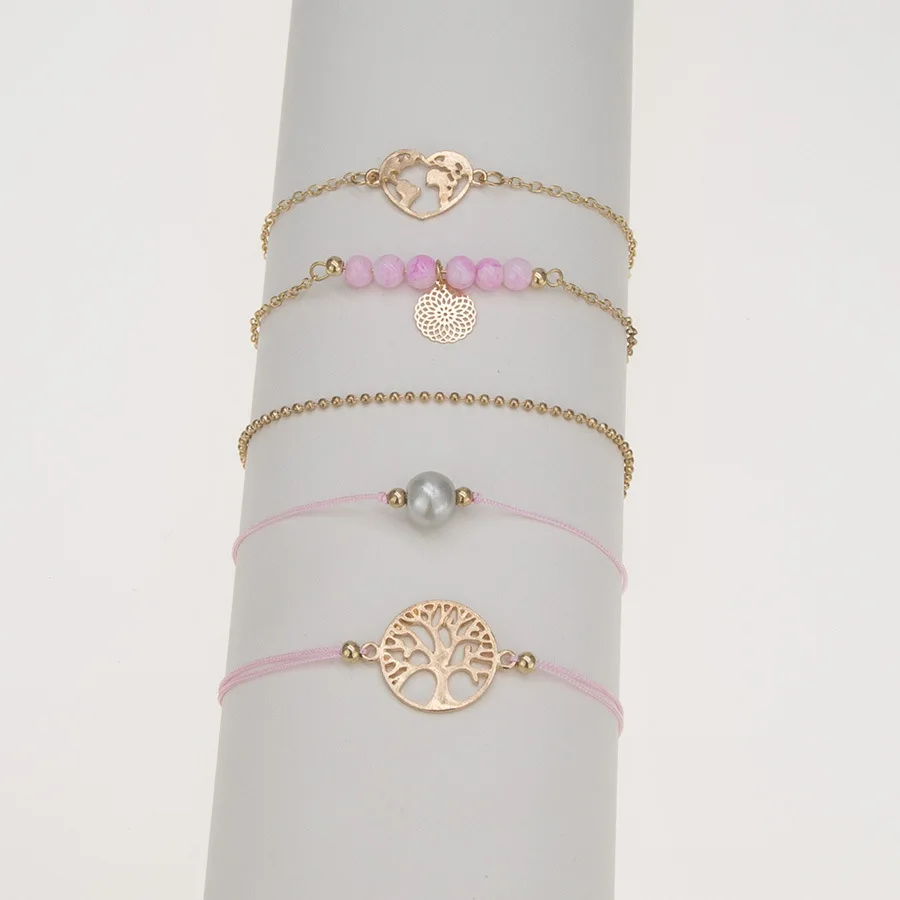 Bohemian Pink Stone Beads Pearl Bracelet Set For Women Trees Of Life Heart Map Bangles Femme Jewelry Gift | Украшения и