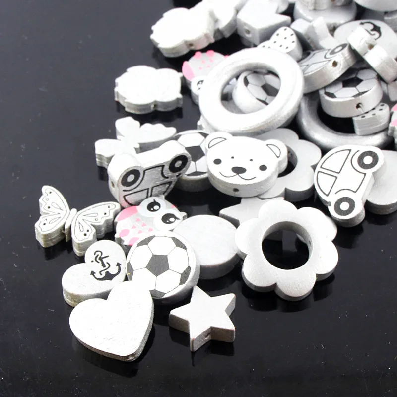 

Various 50pcs Silver Color Wood Beads 13-35mm for Baby Toys Crafts Kids Toys & Pacifier Clip Necklace DIY Wooden Spacer Beads