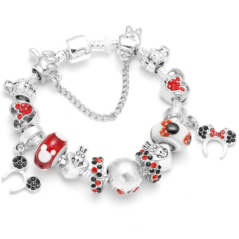 Boosbiy Dropshipping Cute Mickey Minnie Charm Bracelet For Women Kids With Silver Snake Chain Brand Bracelet Christmas Jewelry