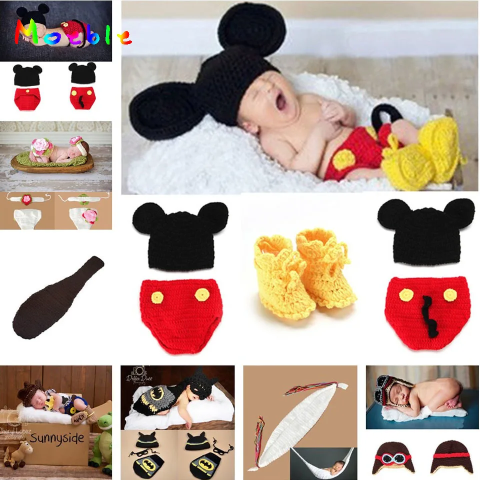 Mickey Designs Crochet Baby Hats Photo Props Infant Costume Outfits Newborn Beanies&amppants&ampshoes Clothes 1set MZS-14016 | Детская