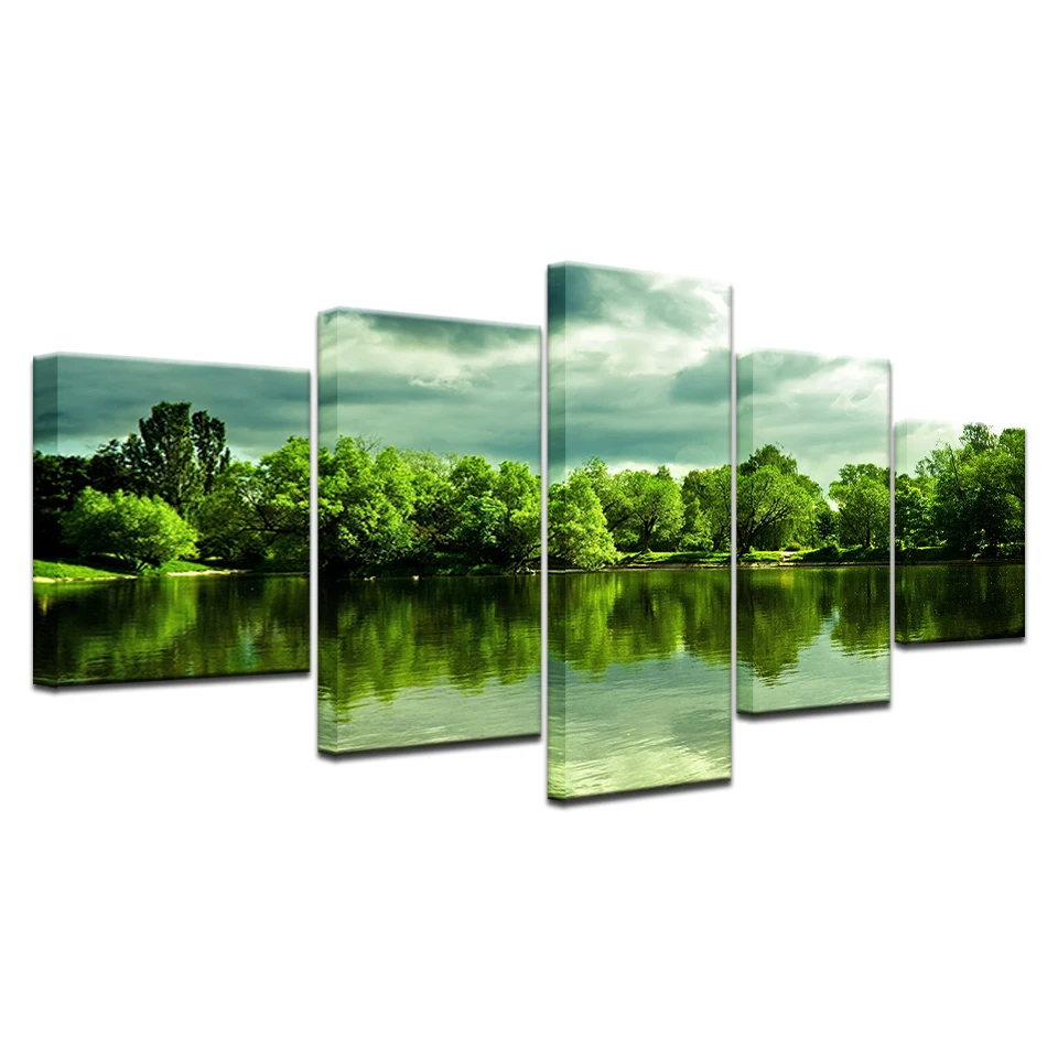 

Paintings On Canvas Home Decor Wall Art Framework 5 Panel Green Lake Trees Modular HD Pictures For Living Room HD Printed