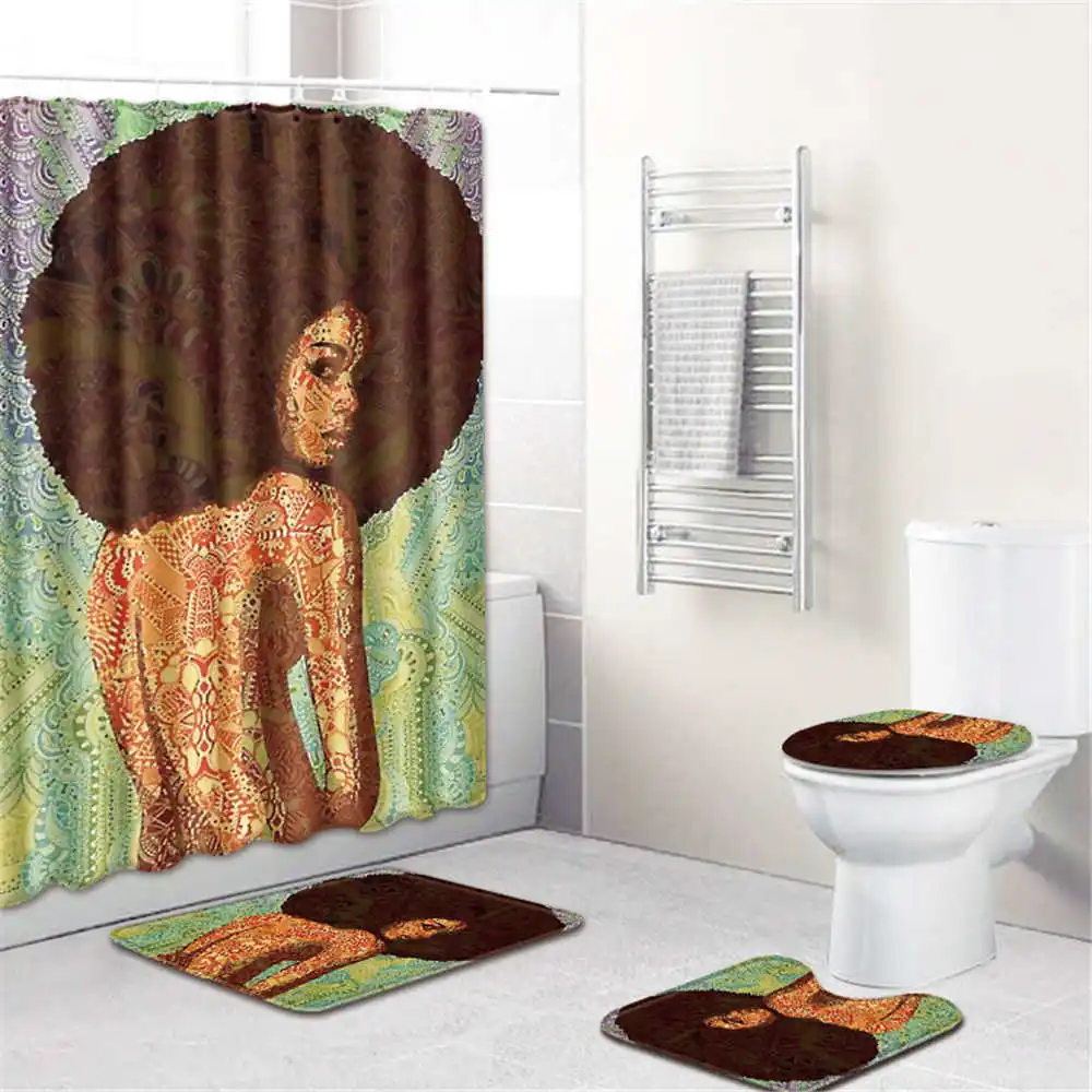 4pcs shower curtain Картина маслом для девочек, водонепроницаемый декор для ванной комнаты, занавеска для ванной, нескользящий фланелевый ковер для туалета, коврик для ванной, набор занавесок для душа - Цвет: 4pcs shower curtain
