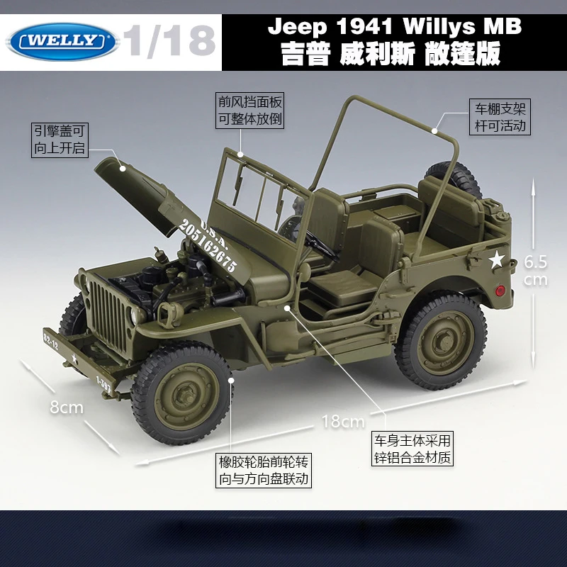 WELLY 1:18 Металлический Игрушечный Автомобиль Jeep 1941 Willys MB армия США литая модель