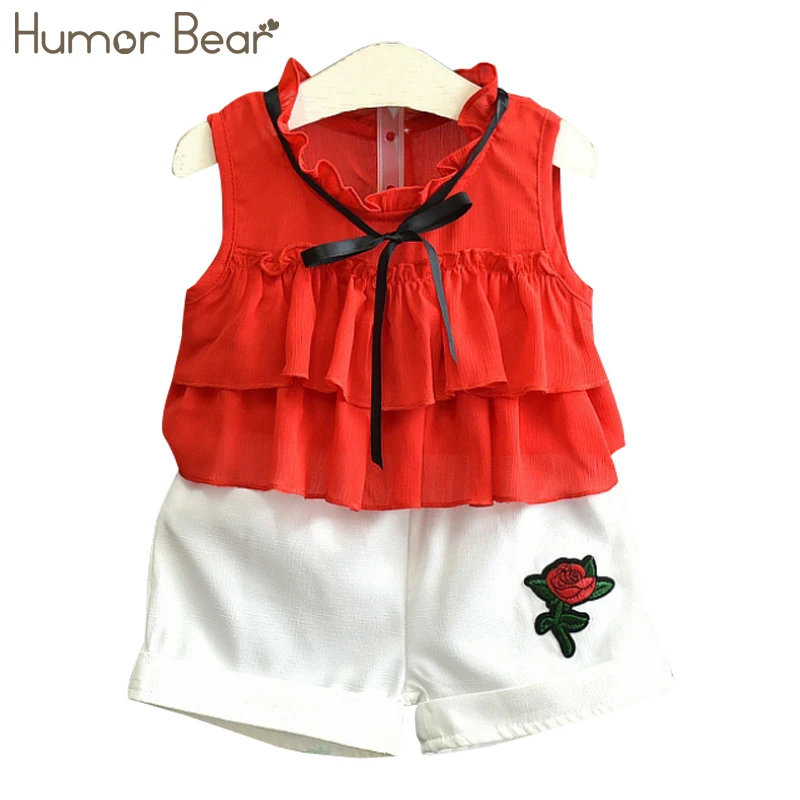 Humor Bear/Новая летняя одежда для детей модная одежда для девочек кружевные Белые блузы+ красный 7 Minutes Of Pants/Костюмы комплект Детские комплекты одежды