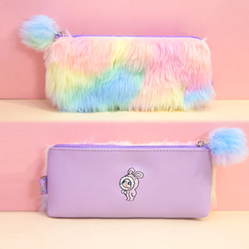 

Rainbow Color Plush Pencil Bag Girls Rainbow Plushed Pencil Pouch Cute Pencil Case for Girl 1pcs