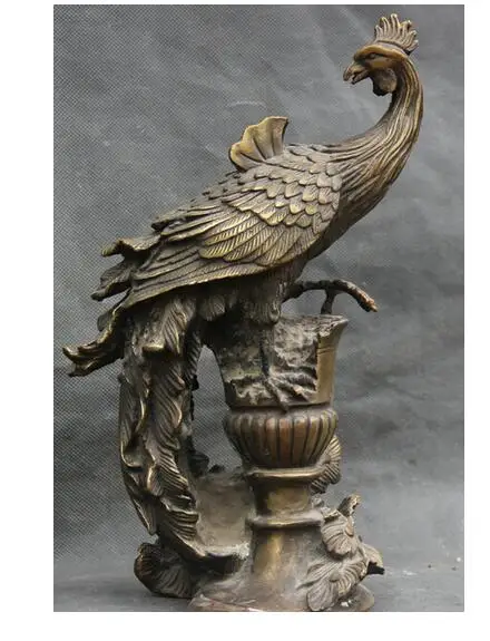 bronze Pure Copper Old Qing Ming Brass 10&quot Chinese FengShui Stand FengHuang Phoenix Bird Beast God Palace Statue |