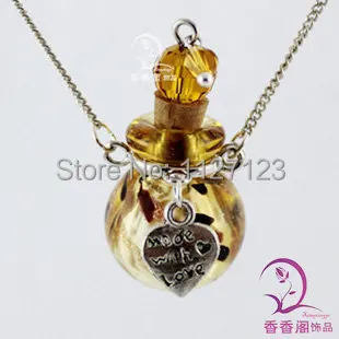 

3pcs Murano yellow Glass Perfume Necklace Ball With Alloy Love Heart ,Lampwork glass diffuser necklace pendant,Aroma necklace