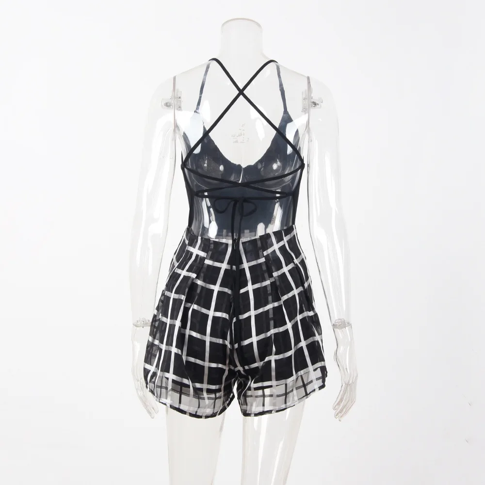 2018 летние Для женщин Playsuit глубокий v-образным вырезом слинг широкие брючины плед