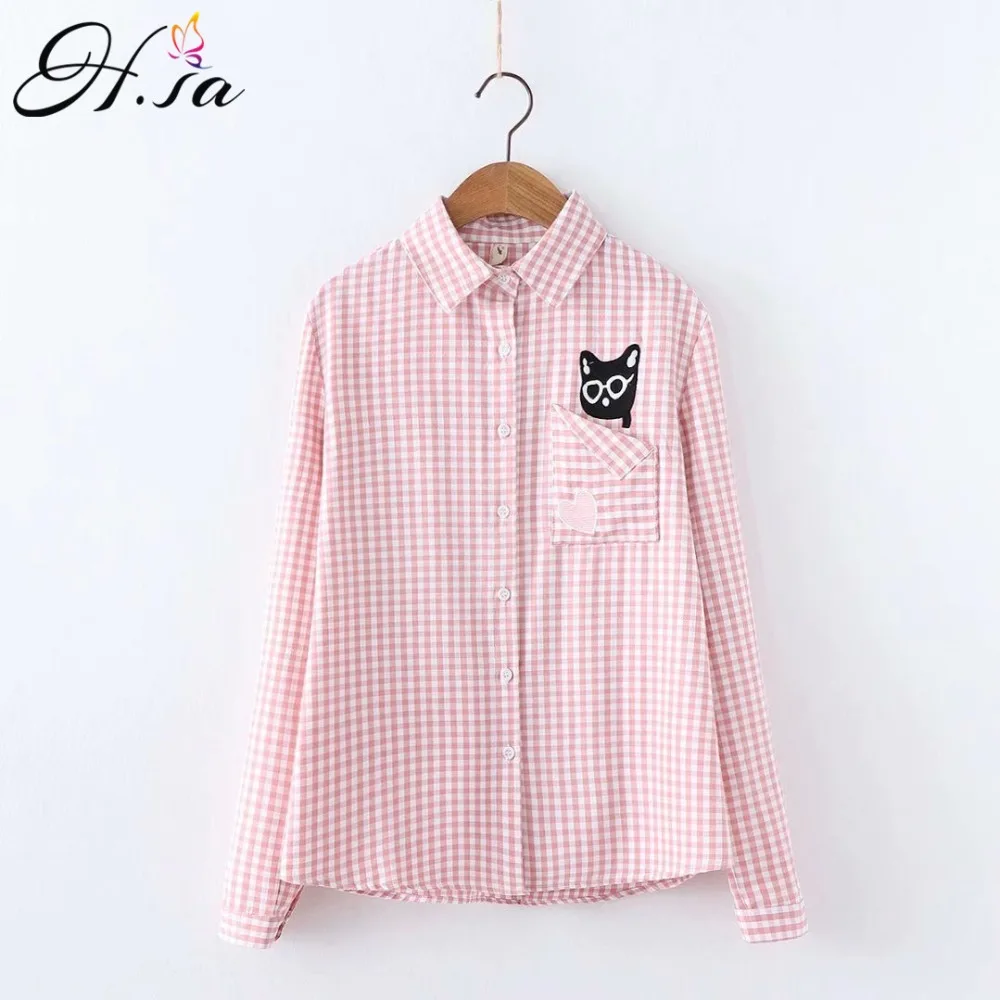 Женская блузка с вышивкой H.SA маленькая клетчатая туника длинным рукавом и