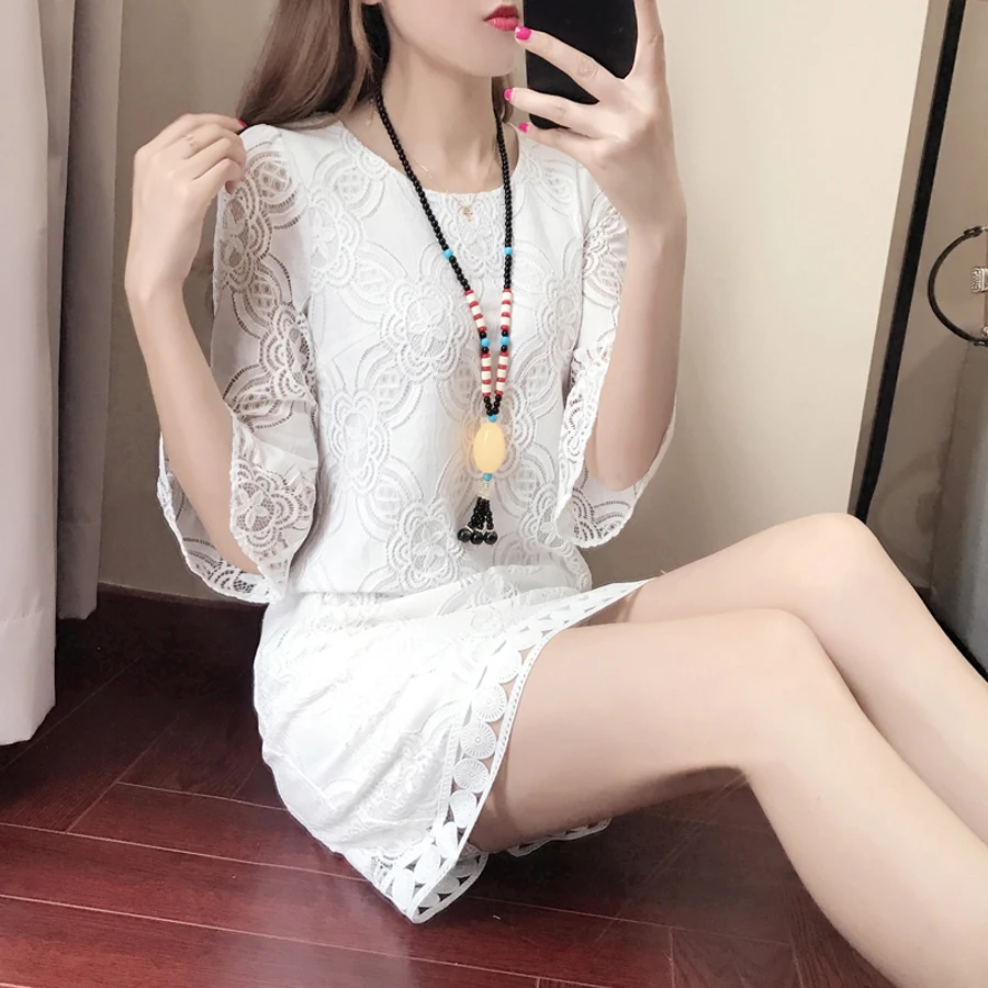 Wrap Party Black White Lace Dress Women Retro Vintage Midi Floral Holow Out Dresses Polka Dot Dantel Crochet C0140H | Женская одежда