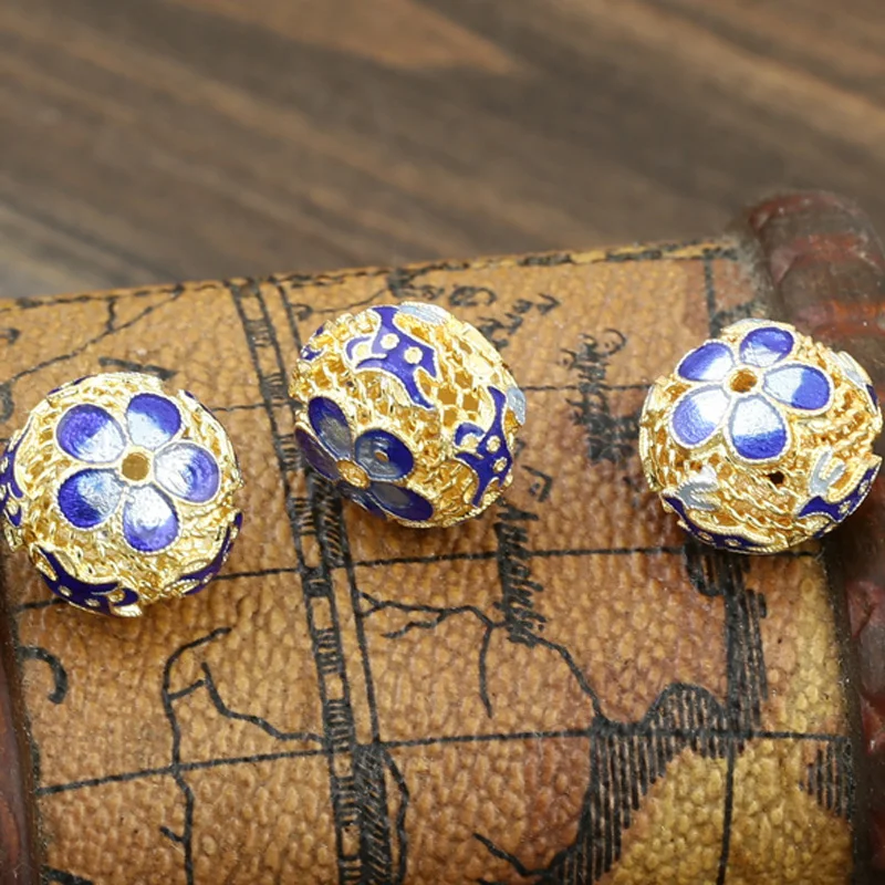 Многослойные Позолоченные эмалевые синие Бусины с цветочным узором для