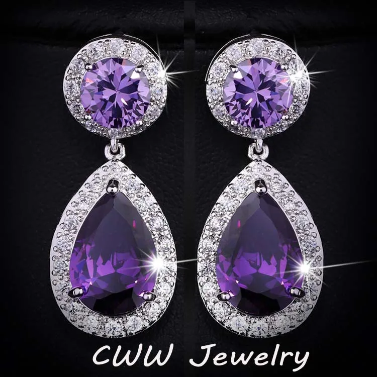purple CWWZircons красивые и хорошее качество Большой Фиолетовый AAA+ кубический цирконий Кристалл длинные висячие серьги для женщин Свадебная вечеринка CZ016 - Окраска металла: purple