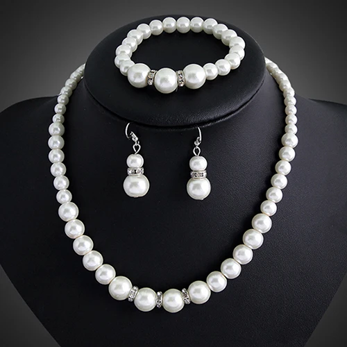 Women's Faux Pearls Alloy Necklace Bracelet Earrings Wedding Bridal Jewelry Set parrure bijoux femme | Украшения и аксессуары