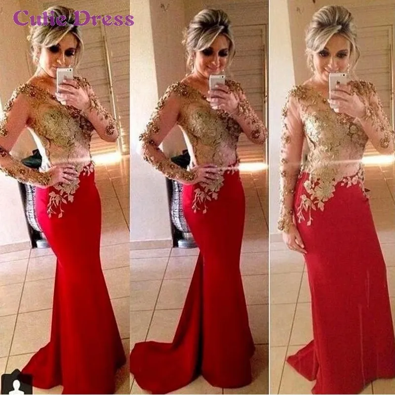 Сексуальное Отвесное Золото Аппликация Красный Женщины Формальное Вечернее