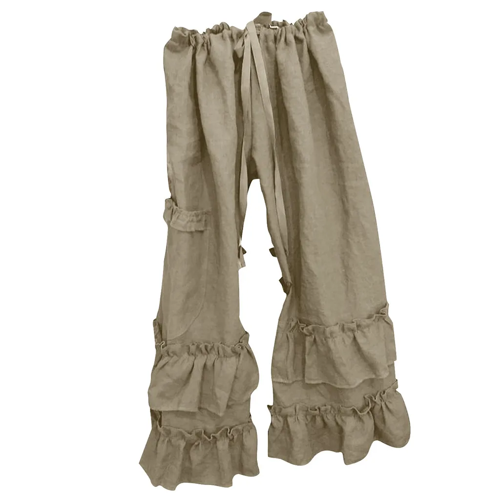 Khaki Feitong/осенние и зимние женские брюки, плюс размер, однотонное хлопковое белье, складывается, повседневные гофрированные свободные брюки с карманами для женщин - Цвет: Khaki