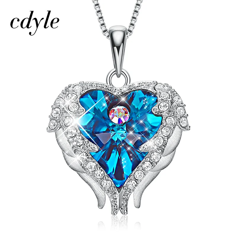 Cdyle высокое качество 925 пробы серебряные ювелирные изделия Модные женские 3 цвета Кристалл Крыло ангела с сердцем Подвески ожерелье - Окраска металла: Blue YP1440-S