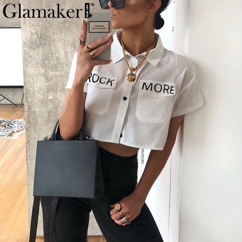 Glamaker уличная корейская модная блузка женская белая рубашка с коротким рукавом Топ женский сексуальный с буквенным принтом летняя укороченная блузка Рубашки