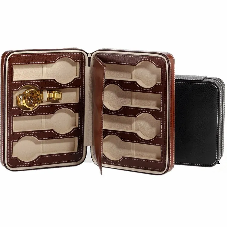 Beli 8 Slot Kulit Jam Penyimpanan Kotak Case Hitam Perjalanan Watch Organizer Pria Perhiasan Sederhana Kasus Mechnical Menonton Tas