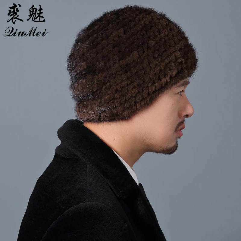 Mink Hats For Men Natural Real Fur Cap New Elastic Winter Knitted Lined Men Cap Pineapple Hat Male Winter Genuine Mink Fur Hat