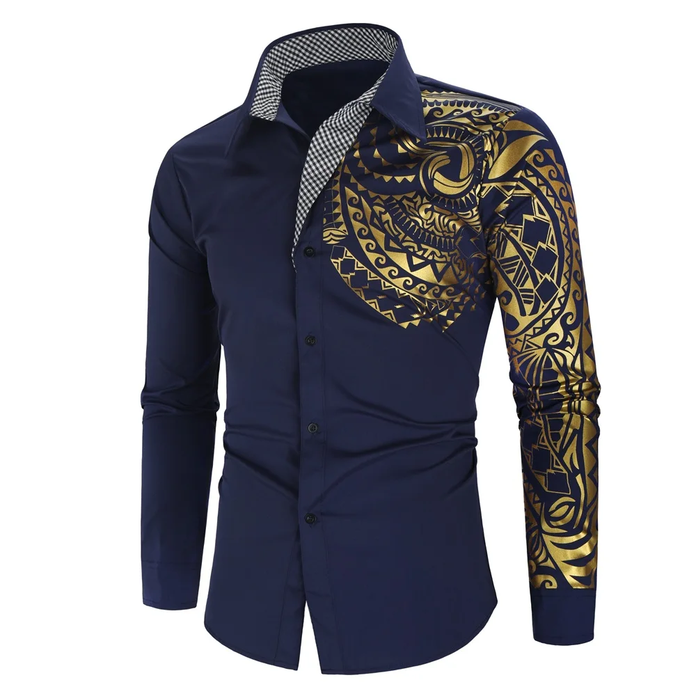 Роскошный золотистый и черный рубашка Для мужчин Slim Fit с длинными рукавами Camisa Masculina золотистый и черный Сорочка мужская, для общественных мест Для мужчин клуб нарядная рубашка - Цвет: Тёмно-синий