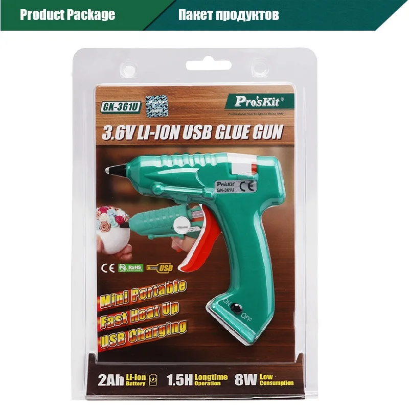Pro'sKit GK-361U 3,6 V 2000mAh 8W USB Li-Ion DIY термоклеевой пистолет клеевые палочки для дома DIY и производитель