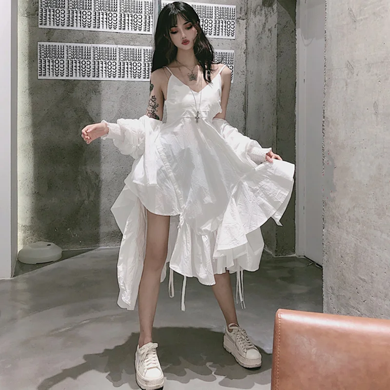 Gothic Dress Women Summer Holiday Style V-Neck White Spaghetti Strap Ladies Asymmetric Ruffle Backless Dresses robe femme | Женская