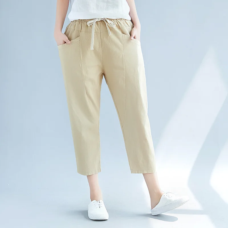 ilstile 2018 Women Cotton Linen Solid Harem Pants Summer Casual Loose Ankle-Length Elastic Waist Trousers Fashion New | Женская одежда
