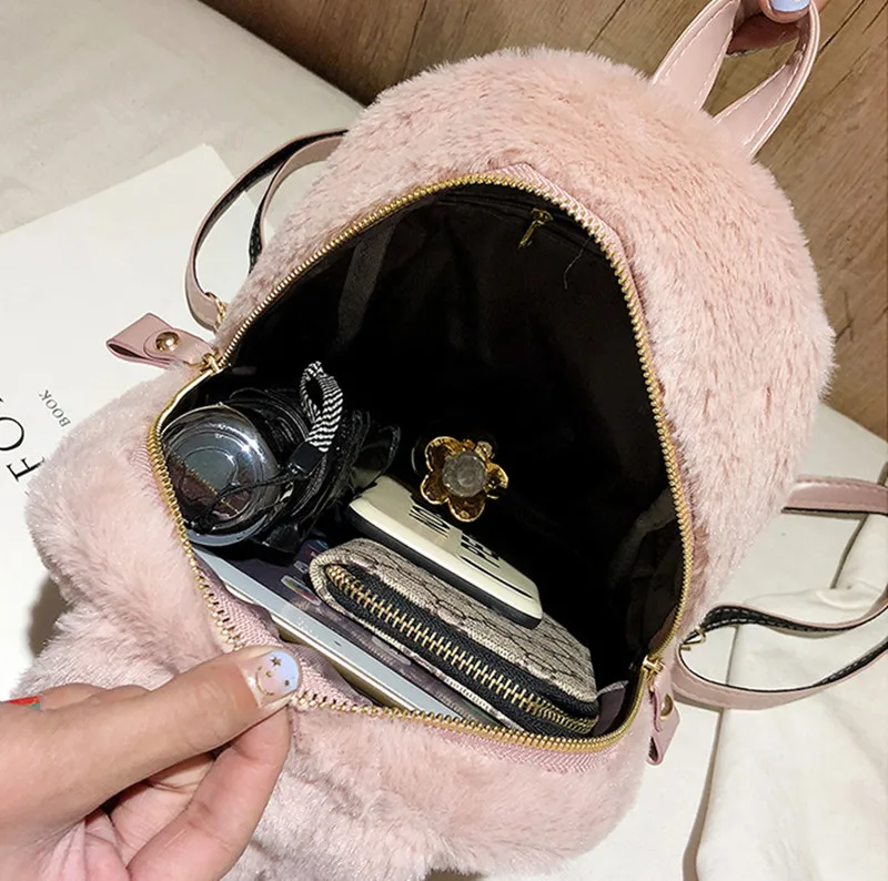 Furry Rabbit Ear Backpack cute Girls Shoulder Bag Mini Furry Fluffy Plush schoolbag Winter Women's Travel Bag