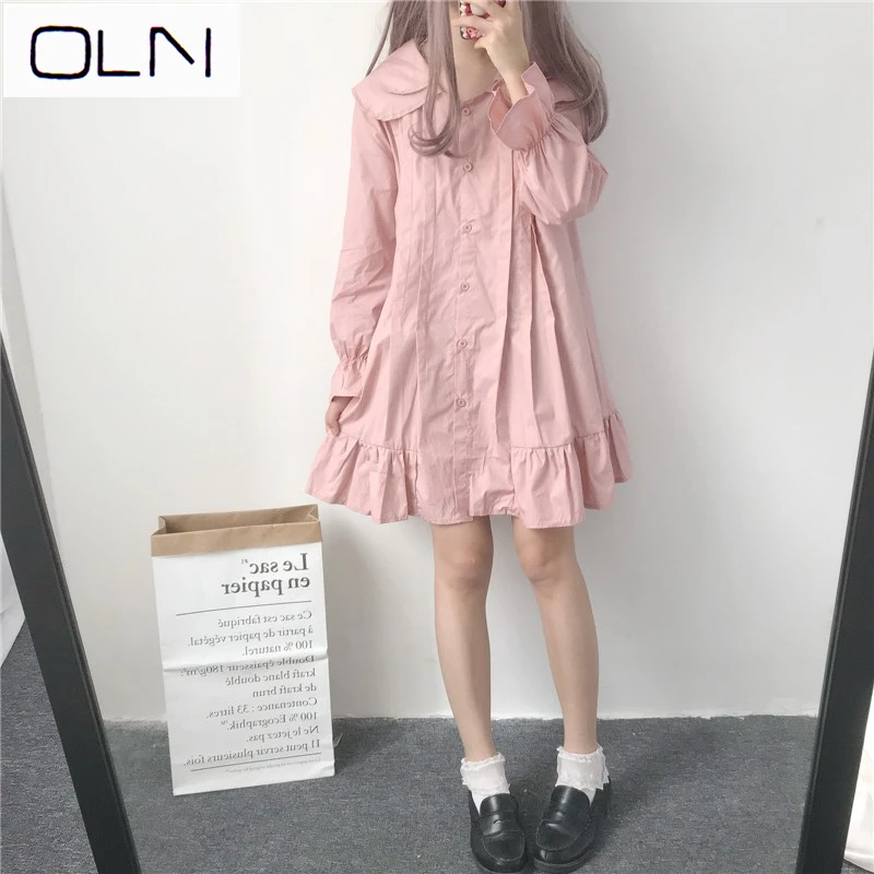 Платье OLN японское мягкое платье с воротником-куклой милое свободное оборками |