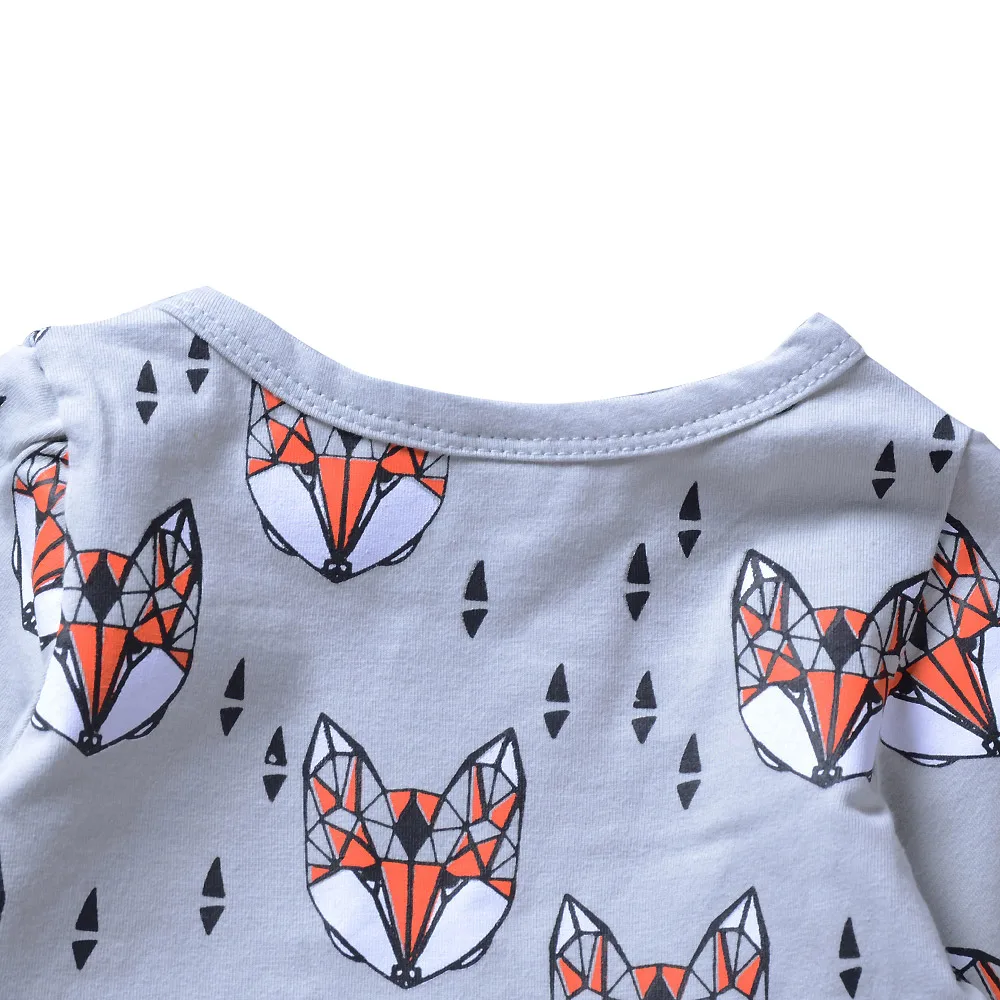 Little Girls Dresses Kleding Meisje Animal Fox Printing Ruched Grey Dress Casual Kids Clothes | Детская одежда и обувь