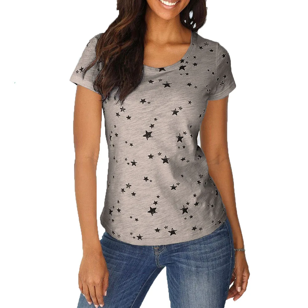 Модные женские свободные повседневные звезды печати дамы с коротким рукавом Boho