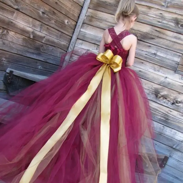 Красивые бордовые платья для девочек со шлейфом Тюлевое кружевное детское