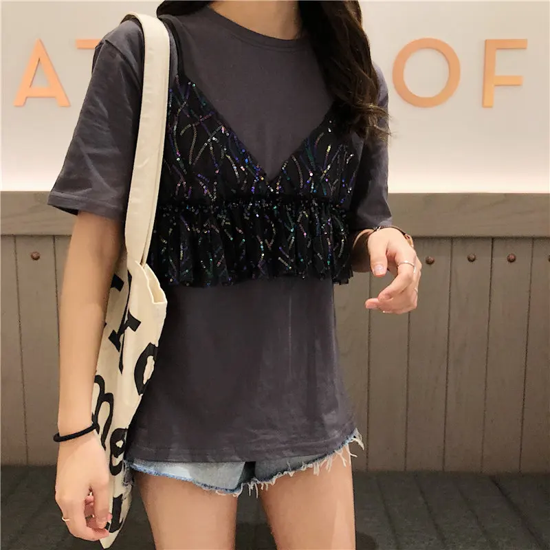 Alien Kitty Hot Fresh Summer Patchwork Short-Sleeved Sweet Fake Two Pieces Casual Elegant Free T-Shirts | Женская одежда