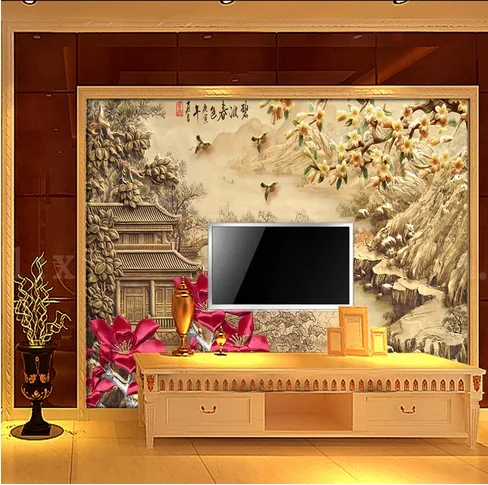 

Customized wallpaper mural Chinese style 3D natural scenery with jade carving behind sofa as background in living room