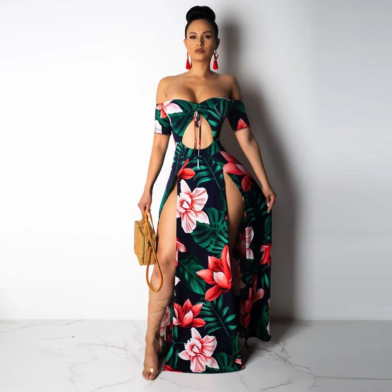 Женское длинное платье с разрезом пляжное открытыми плечами и винтажным принтом