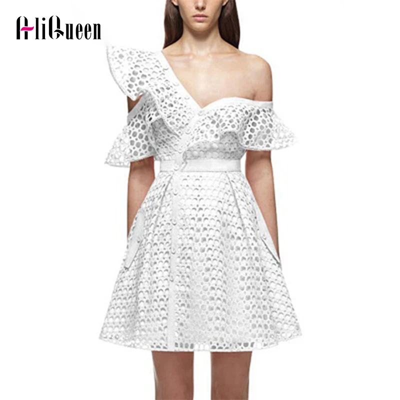 

2022 Runway New Arrive White Women Dress One Shoulder Ruffles Collar Mini Short Lace Dress Sexy Party Club Vestidos De Fiesta