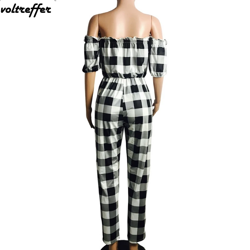 Plaid Printed Macacao Feminino Curto Sexy One Piece Jumpsuits And Rompers For Women Off Shoulder Overalls Backless Ruffles 2018 | Женская